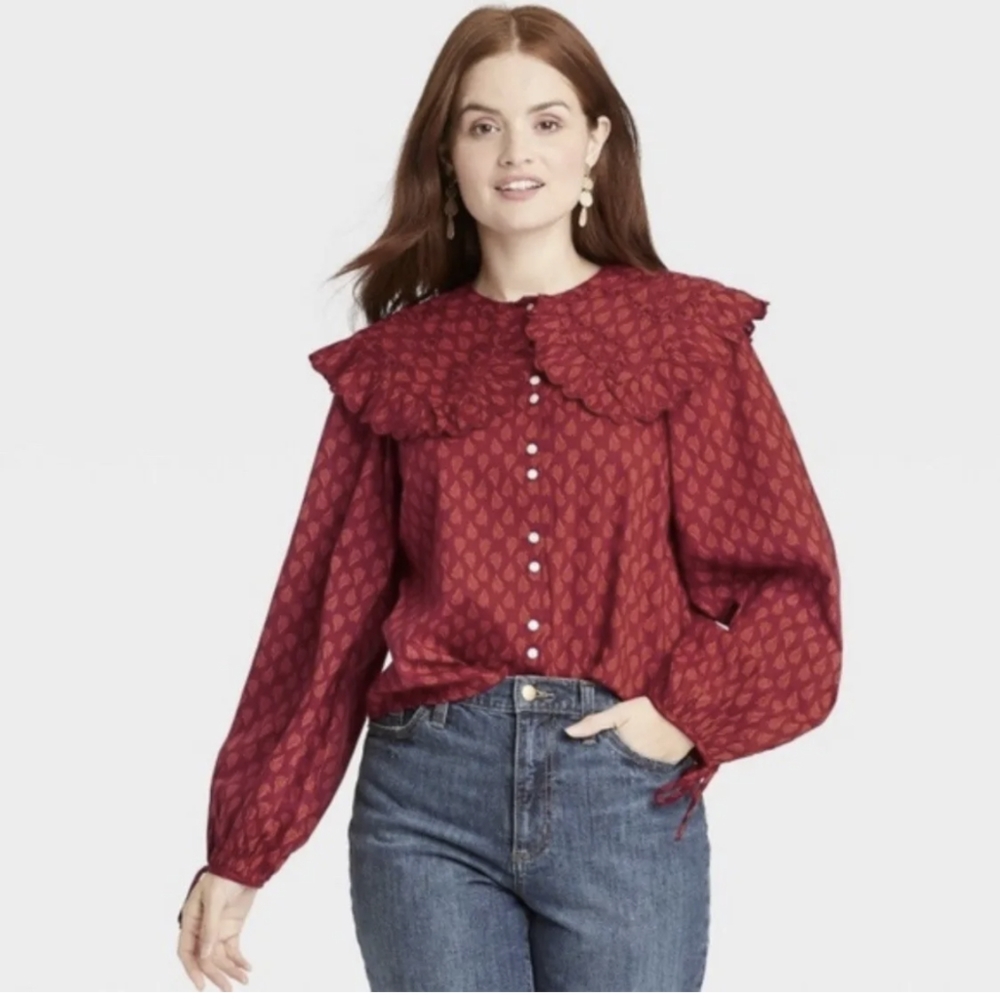 Universal Thread Size Med Maroon Print Ruffle Collar Peasant Blouse Button Down